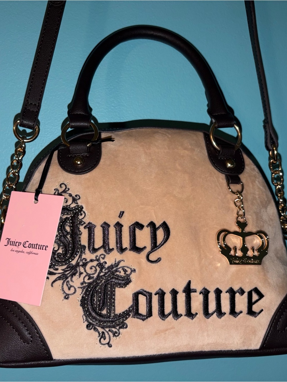 Juicy Couture Beige and Brown Dome Satchel with Gold Charm- Velvety Soft! NWT! - Picture 6 of 7